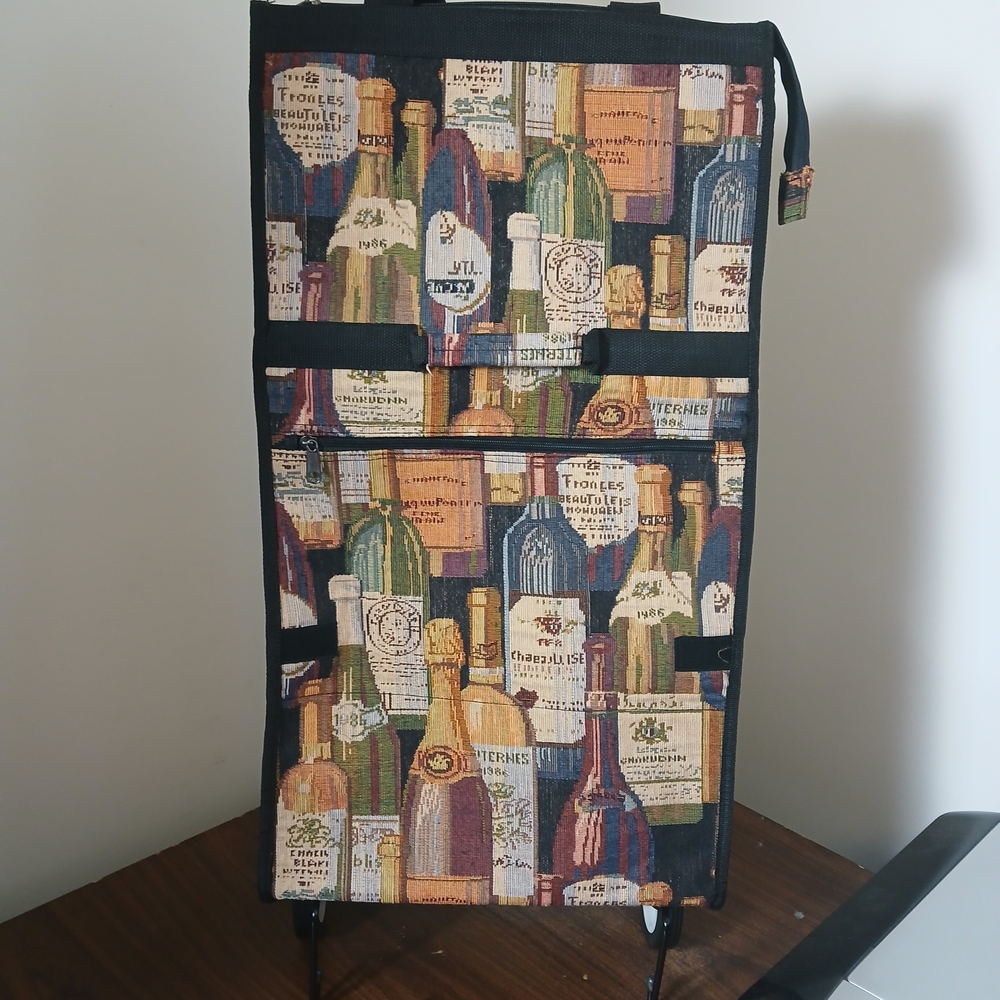 Tote-Style Rolling Shopping Bag in Multicolor Wine Bottle Print - Picture 2 of 5